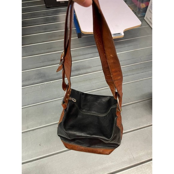 Marino Orlandi Black Leather Bag, Bucket Style with Brown Trim Hand/Shoulder Bag - Picture 14 of 16